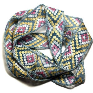 Hand-dyed Silk Ribbon Necklace 85 x 2.5cm Blue Silver Gold Pink Dots Diamonds SOIE191 - 8741140016996