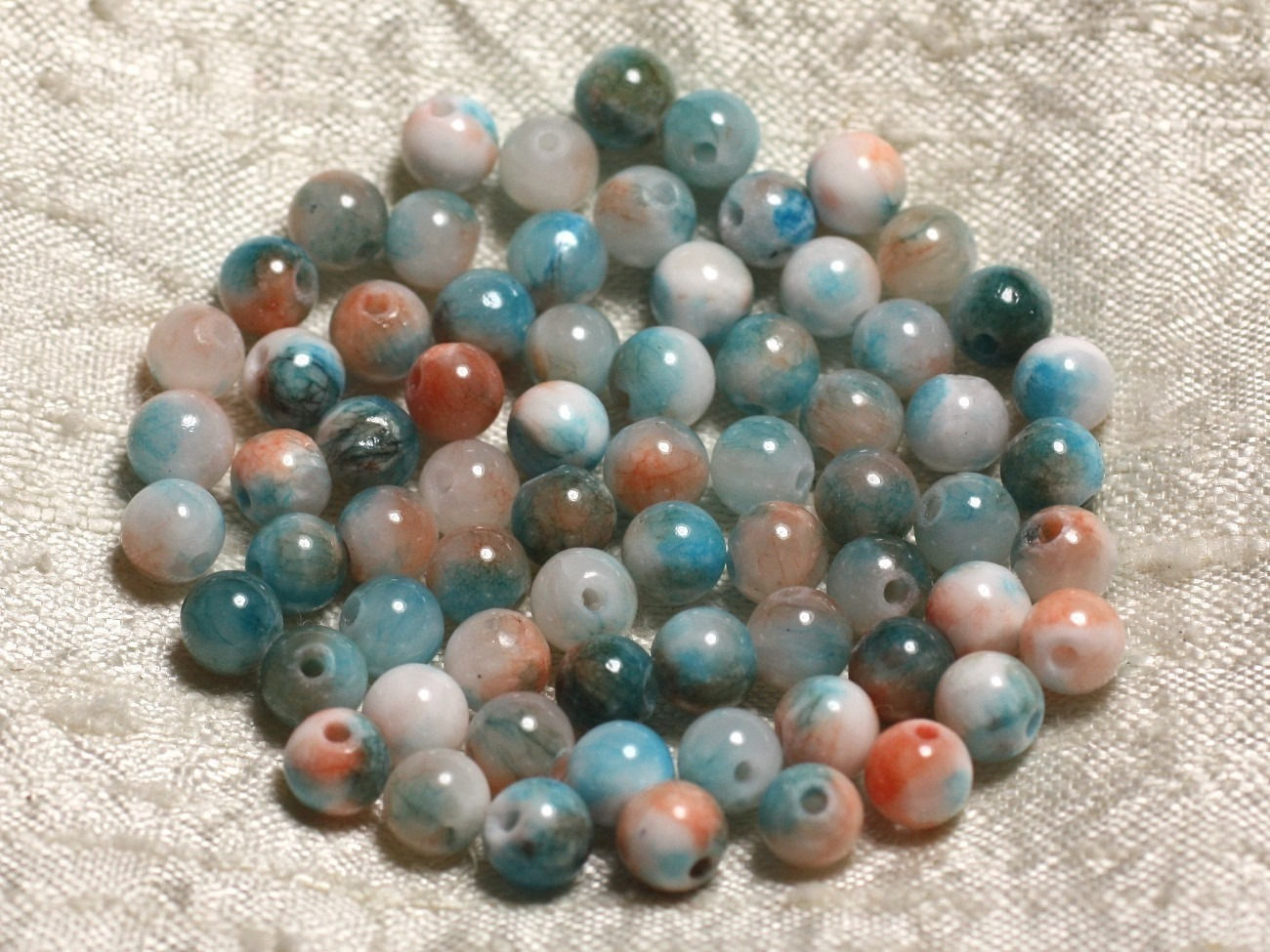 Fil De Perles En Pierre - 46 Perles 8mm Jade, Turquoise, Orange, Blanc - 39cm - Neuf - Fait Main