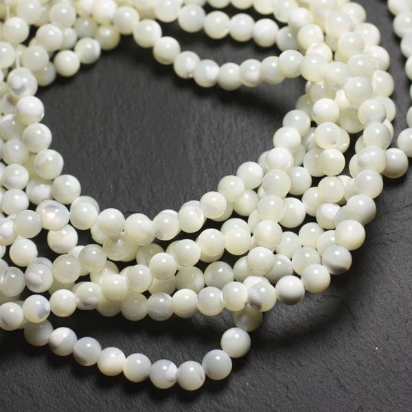 Fil 39cm 64pc environ - Perles Coquillage Nacre Naturelle Boules 6mm blanc irisé