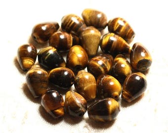 May include: A collection of approximately 20 teardrop-shaped tiger's eye beads. The beads are a mix of brown, gold, and black colors with a glossy finish.