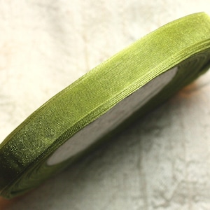 May include: A roll of green satin ribbon. The ribbon is folded in half and the edges are visible.
