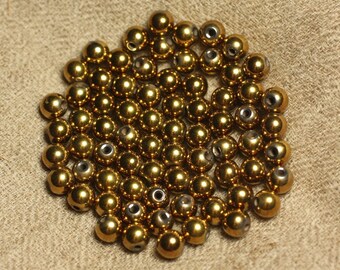 10pc - Stone Beads - Hematite Balls 6mm golden yellow gold metal - 4558550023445