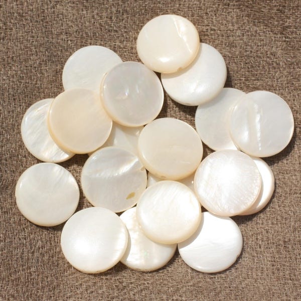 Fil 39cm 25pc environ - Perles Coquillage Nacre naturelle Ronds Palets 15mm Blanc irisé