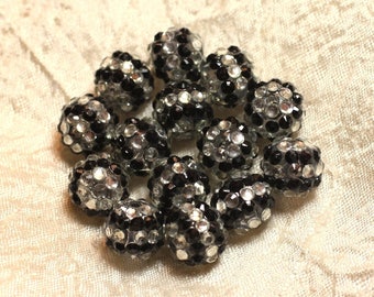 5pc - Perles Shamballas Résine 14x12mm Noir et Argenté N°2  4558550005328