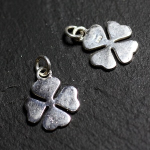 Peut inclure: Deux breloques argentées en forme de trèfle à quatre feuilles, avec de petites boucles pour les attacher à des bijoux. Les breloques sont sur une surface sombre et texturée. Les feuilles de trèfle ont un aspect légèrement texturé.
