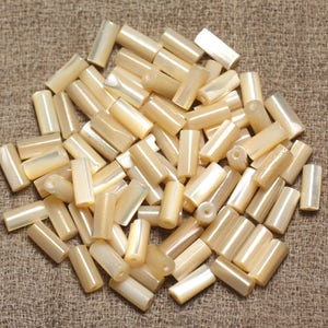 Può includere: Un mucchio di perline di conchiglia bianche e beige iridescenti a forma cilindrica.