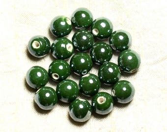 10pc - Perles Porcelaine Ceramique Boules 12mm Vert Olive Sapin Kaki irisé - 4558550009593