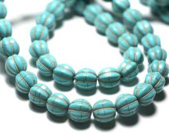 Fil 39cm 39pc env - Perles Turquoise synthèse Boules Fleurs 9-10mm Bleu Turquoise