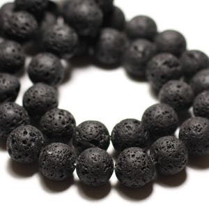 Fil 39cm 65pc env - Perles de Pierre - Lave noire Boules 6mm