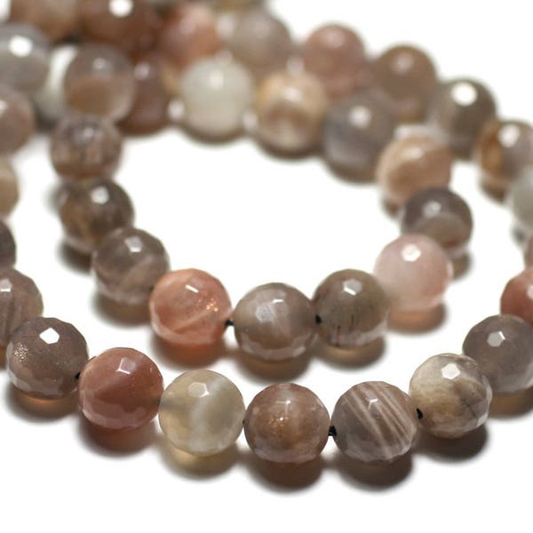 Thread 39cm 62pc approx - Stone Beads - Moon Stone Faceted Balls 6mm white gray pink iridescent