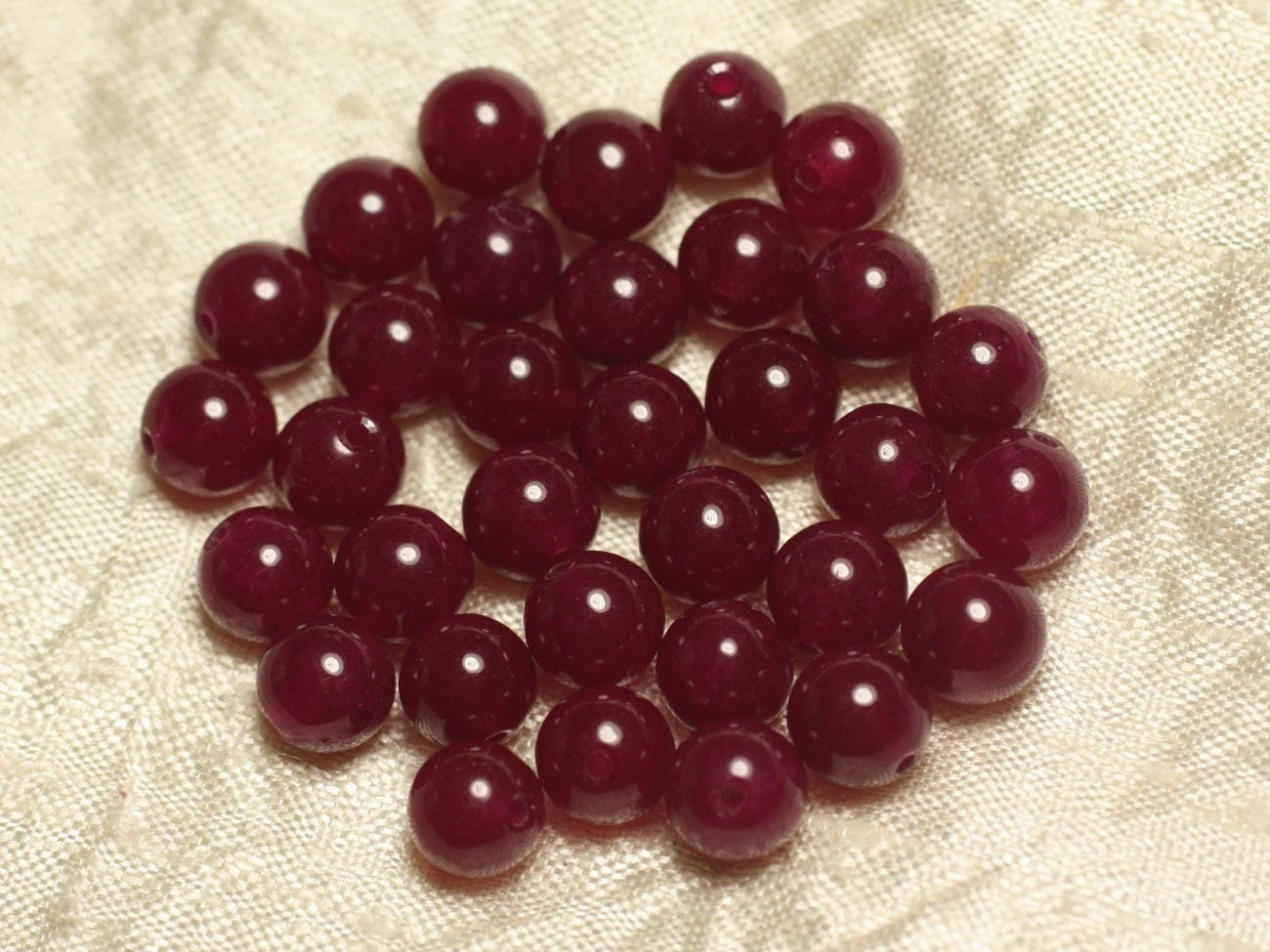 10 Perles Boules En Pierre Jade Rouge Vif Cerise - 10 Mm - Pour Création De Bijoux