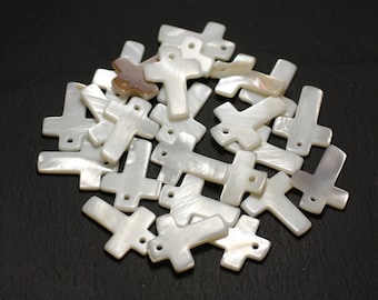 4pc - Beads Charms Pendants Natural mother-of-pearl Cross 22mm White - 4558550013422