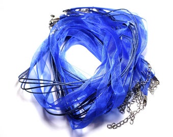 100pz - Collane Girocollo 47cm Cotone e Tessuto Organza 10mm Blu Reale