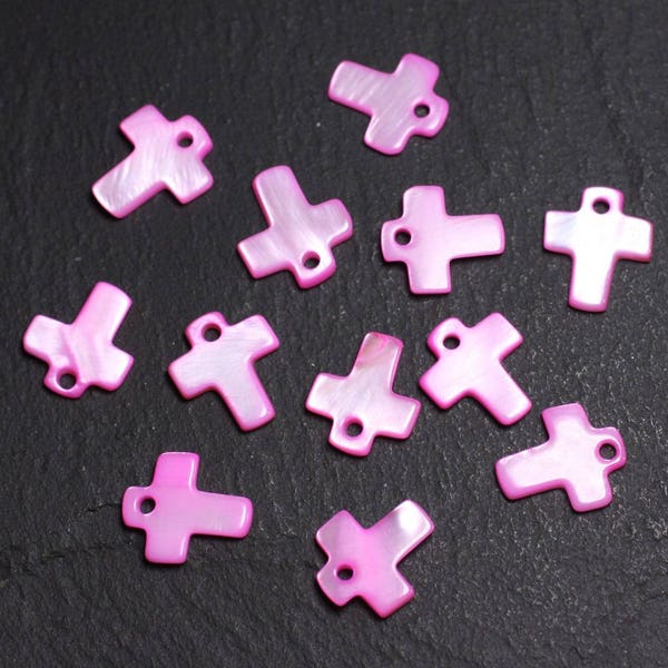 10pc - Beads Charms Mother-of-Pearl Pendants Cross 12mm Fluo Candy Pink - 4558550014337