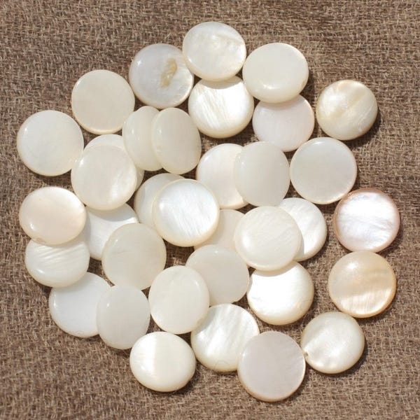 20pc - Perles Coquillage Nacre naturelle ronds plats Palets 9-10mm Blanc irisé - 4558550017895