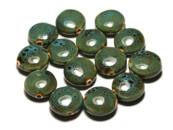 Lot De 4 Perles En Céramique Porcelaine 15mm Bleu Turquoise - Réf. 8741140010338, Pour Création Bijoux