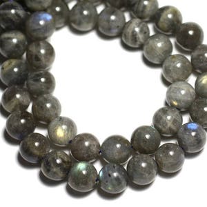 May include: A strand of dark gray labradorite gemstone beads. The beads are round and have a slight iridescent sheen.