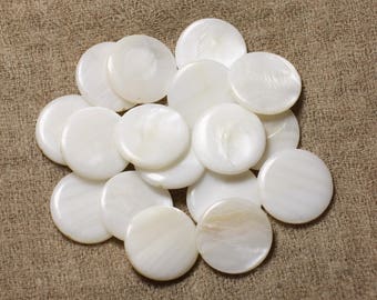 40cm strand, approximately 14 pieces - Round, flat, disc-shaped shell beads, 25mm, iridescent white
