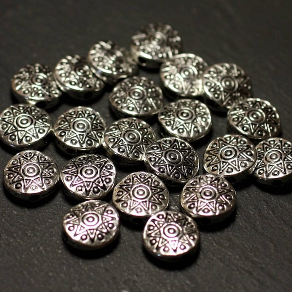 6pc - Silver Metal Beads Palets 10mm Flower Star Ethnic Circles - 8741140021211