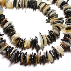 Può includere: Una collana di perline di conchiglia nere, bianche e marroni. Le perline sono piatte e di forma irregolare e sono infilate su un filo trasparente.