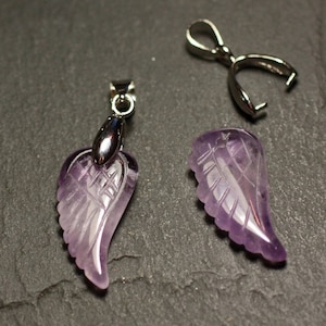 1pc - Amethyst Stone Bead Pendant Engraved Wing 24mm mauve purple - 7427039746052