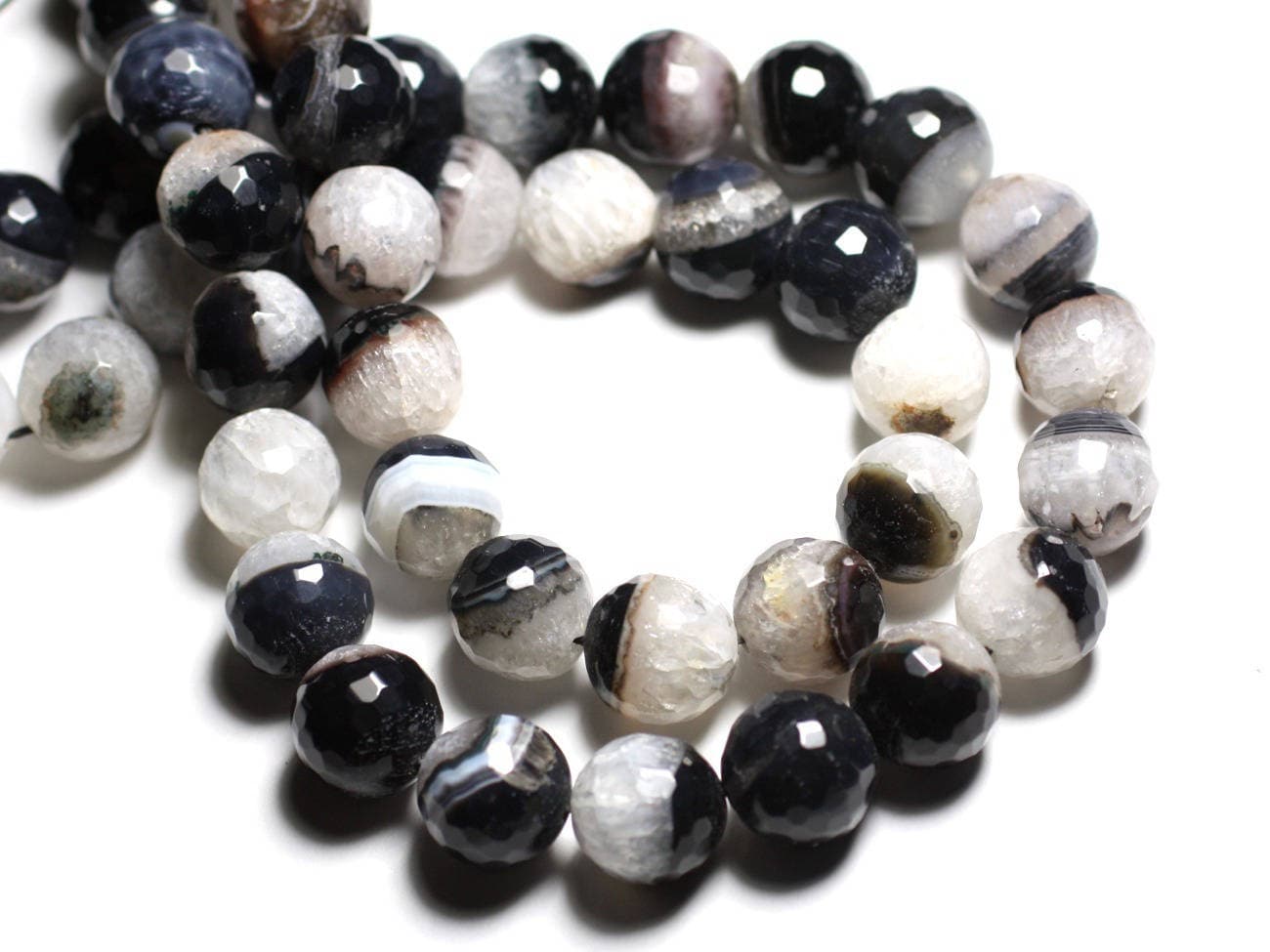 26 Perles En Pierre Agate Quartz Facettées 14mm - Couleurs Noir Et Jaune - Fil 39cm - Neuf