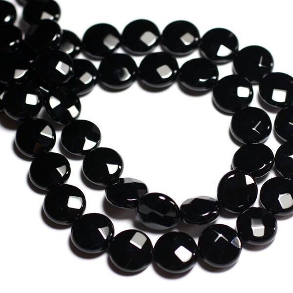 4pc - Perles Pierre - Onyx noir ronds plats palet facettés 10mm - 7427039737012