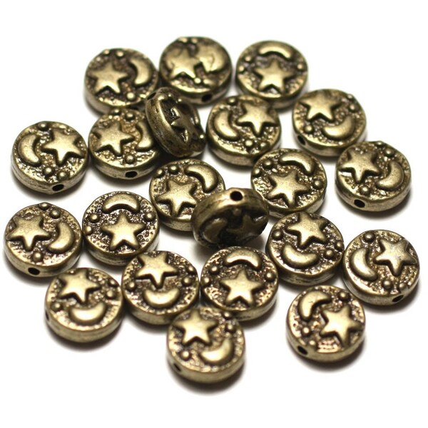 10pc - Perles Métal Bronze Palets 9mm Lune Etoile - 8741140021181