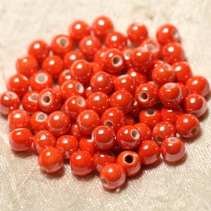 100 Stück - Keramik-Porzellanperlen, Kugeln, 6 mm, irisierend orange