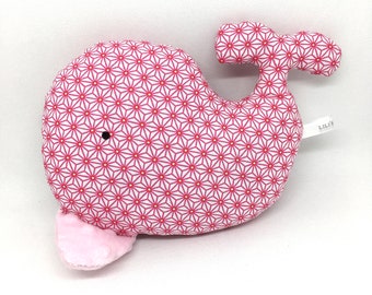 Pink whale plush toy that makes ultra soft sizzling paper noise