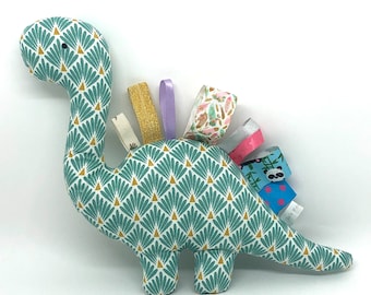 Green plush dinosaur and ribbons, mint and mustard Japanese-inspired fabric