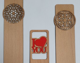 Wooden Bookmarks – Set of 3 - "I Love You" Bookmark & Intricate Geometric Design Bookmarks (different designs)