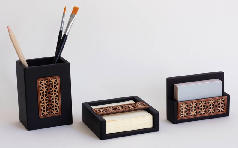 Luxury Office Desk Set Tidy Organiser Memo Pad Business Card And Pen Pencil Holder Geometric Lattice
