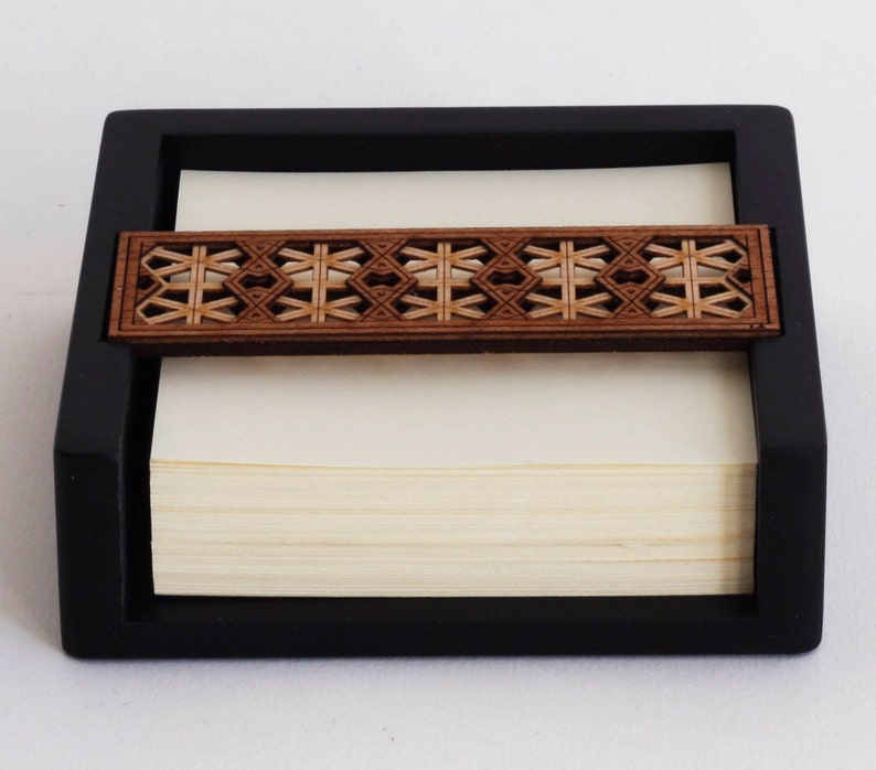 Luxury Wooden Memo Pad Holder with Note / Telephone Pad Desk Organiser & Desk Tidy Lattice Geometric Design image 2