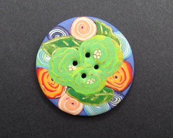 Round sewing button 4.3 cm: composed bouquet, handmade