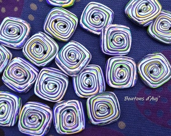 Boutons de couture carrés 2 cm (0.78")- à motifs de spirales colorées- faits à la main