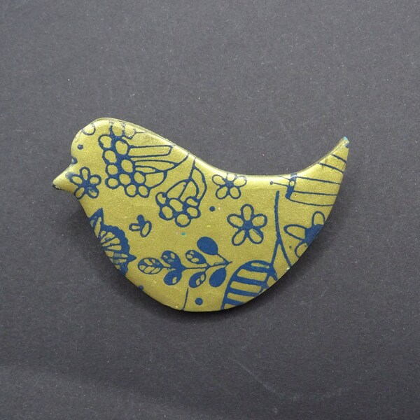 Broche: un oiseau doré et bleu 6 cm,  prêt à offrir avec sa pochette cadeau