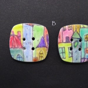 Originele vierkante knopen: huisjes, 2,5 cm, handbeschilderd Lot B