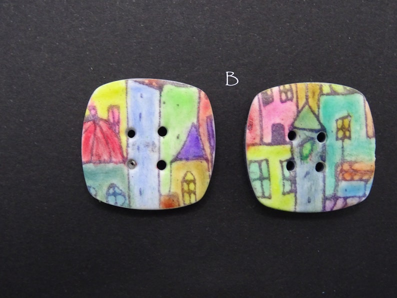 Boutons originaux carrés: maisons, 2.5 cm, peints à la main Lot B