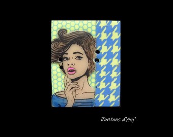 Bouton de couture bleu et jaune: une demoiselle pop art