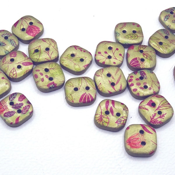 Boutons fantaisie dorés à motifs peints, carrés 15 mm, lot de 8