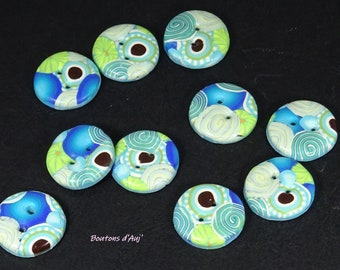 Small buttons 2 cm blue and green, lots of 4 or 6 small buttons to sew for decoration, handmade polymer clay, machine washable
