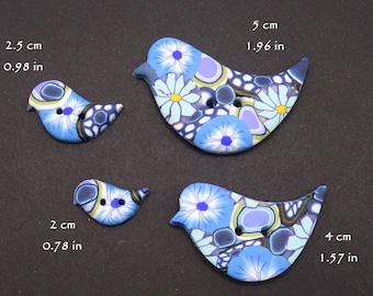 Boutons oiseaux bleu à motifs, 4 dimensions au choix, faits à la main