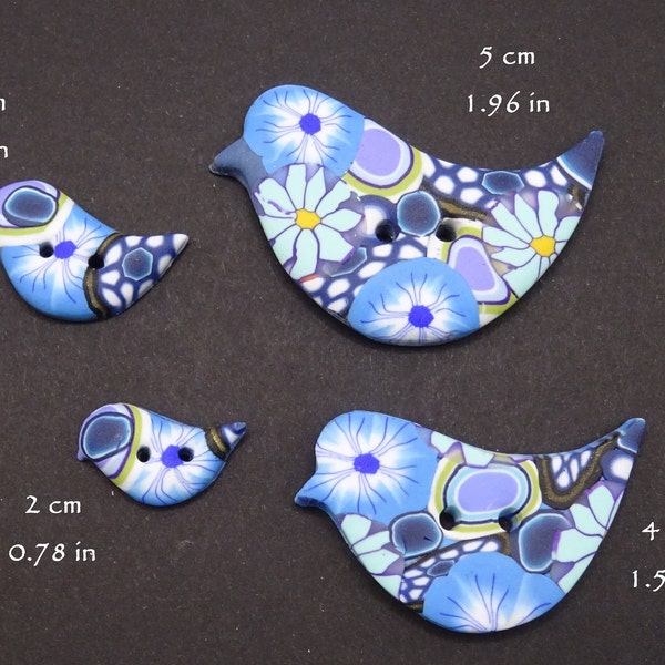 Boutons oiseaux bleu à motifs, 4 dimensions au choix, faits à la main