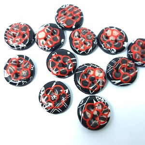 Handmade Black & White Buttons – Red Flower Accent