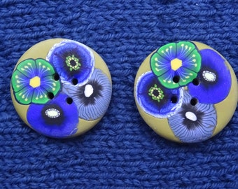 Boutons de couture bleus et verts à fleurs, ronds 3 cm (1.18"), lots de 2, faits à la main