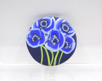 Large fancy button 4 cm: blue poppies, handmade