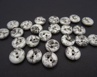 Boutons de couture blancs à motifs noirs, lots de 10, ronds 15 mm (0.59 ")