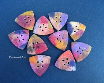 Multicolored triangle-shaped sewing buttons, sets of 2 or 3, in polymer clay