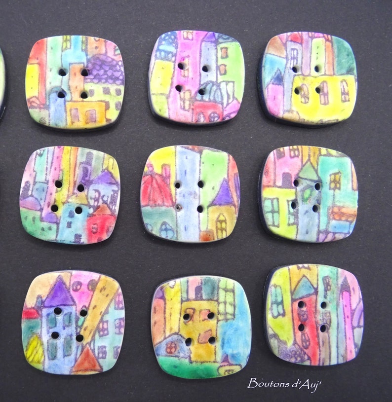 Botones cuadrados originales: casas, 2,5 cm, pintados a mano imagen 1
